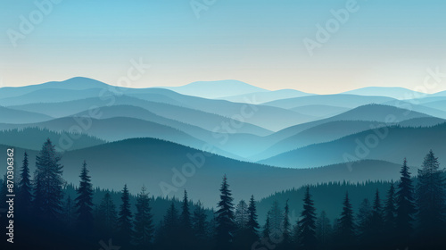  a serene landscape of misty mountain ranges silhouetted against a clear, early morning sky