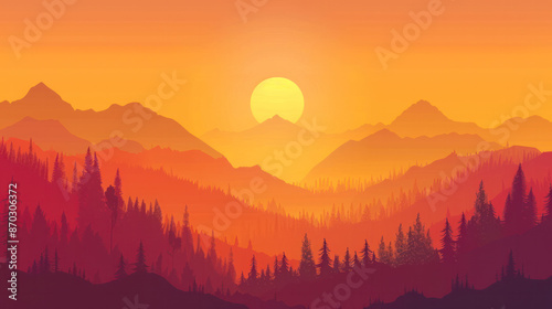  a vibrant sunset over a series of layered mountains, with a forest of pine trees silhouetted in the foreground