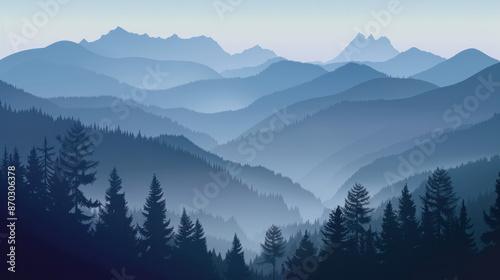 mountains & pine trees in front of a misty sky. Soft blues & grays create a peaceful setting