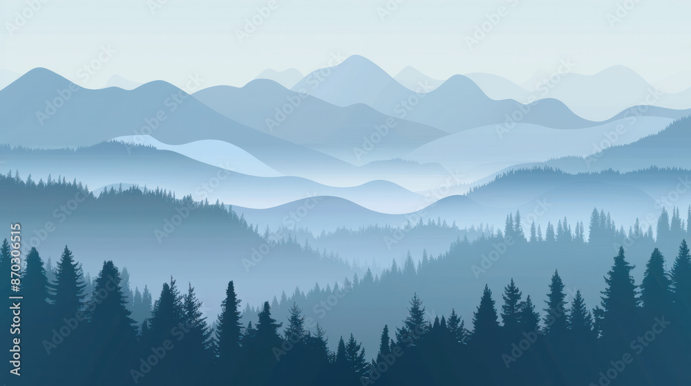a misty mountain landscape with a view of a forested valley at sunrise. The silhouette of the mountains and trees are shown in shades of blue a misty mountain landscape with a view of a forested valley at sunrise. The silhouette of the mountains and trees are shown in shades of blue