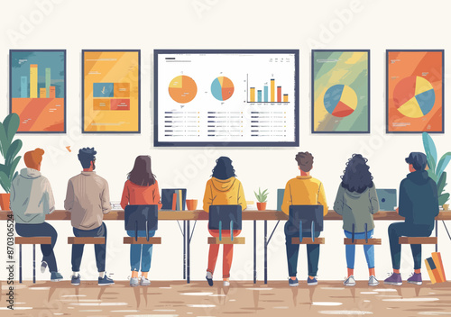Business Team Learning and Presentation, Minimalistic Design, Daytime Office Setting, Charts and Graphs on Display, Educational Workshop Concept