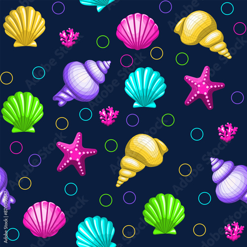 Summer vector icon sticker set. Collection of seashell stickers.seamless pattern