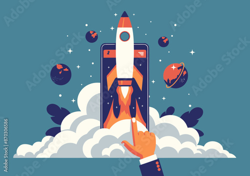 Businessman Launching Startup Rocket from Smartphone: Entrepreneur Presses Start Button in Innovative Business Vector Illustration