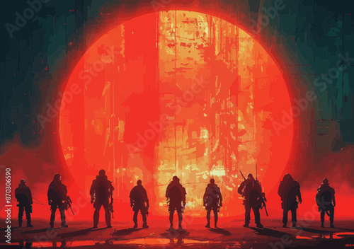 Team of Soldiers Silhouetted Against Glowing Red Sun Targeting Hidden Objective in Futuristic Setting at Night