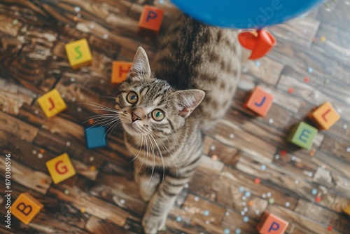 A cat curiously playing with a balloon and scattered alphabet blocks an amusing pet and learning scene photo