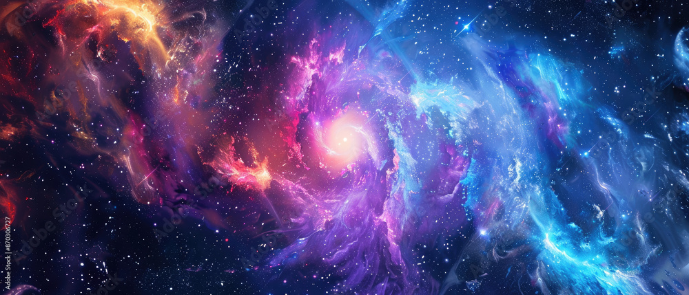 vortex nebula with vortex cone in space with huge star galaxy on bright blue wide background color vortex nebula with vortex cone in space with huge star galaxy on bright blue wide background color