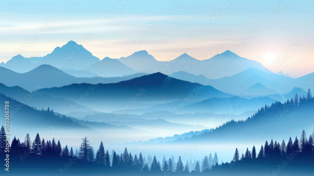 Fototapeta premium a misty mountain range with a forest in the foreground. The sun is rising over the mountains, creating a soft blue light