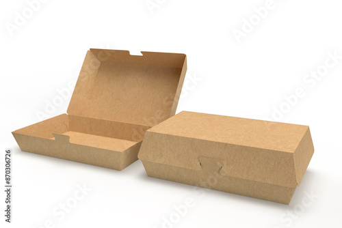 Opened and closed kraft food box mockup isolated on white background, front view