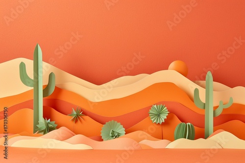 A desert scene with paper cut cacti and sand dunes on a bright orange background representing arid landscapes and natures diversity