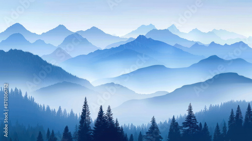  a misty dawn in a mountain range with silhouetted trees in the foreground