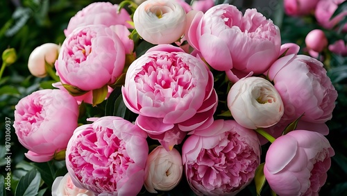 Bouquet of pink peonies and roses close up texture and natural background