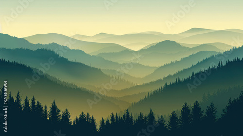  a misty morning mountain range landscape, with the silhouettes of pine trees in the foreground