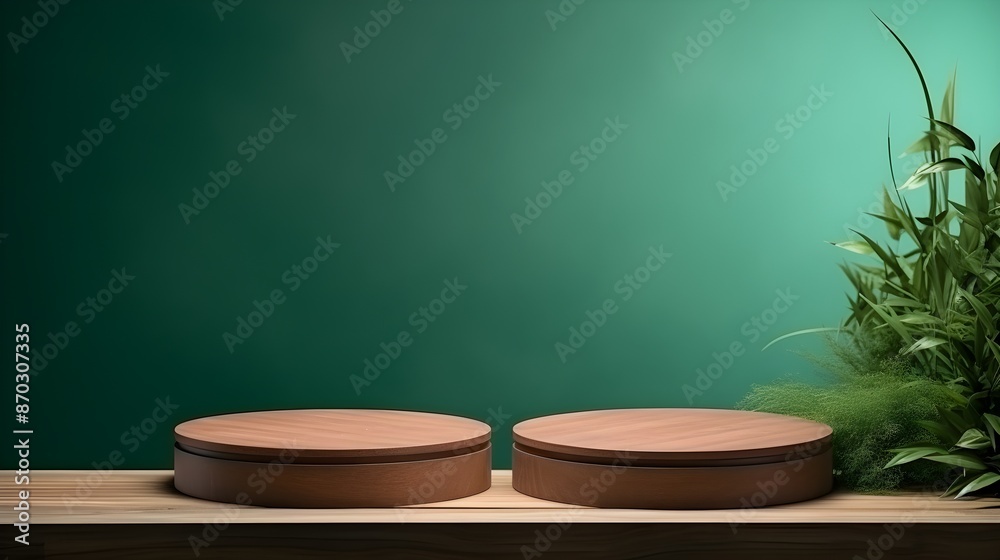 Wooden podium set in a tropical forest for product presentation Wooden podium set in a tropical forest for product presentation
