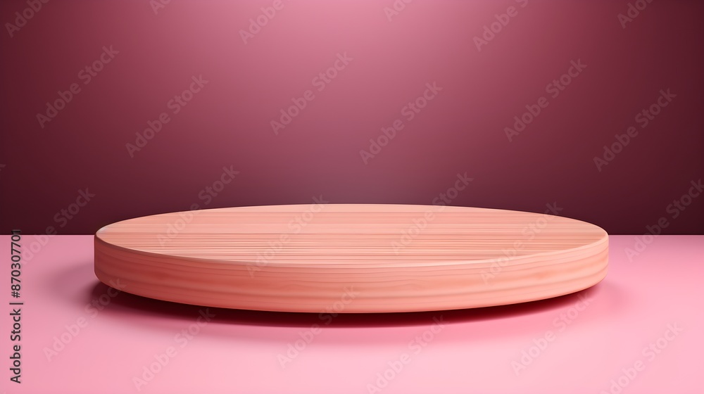 Wooden platform and podium for product display, on pink background Wooden platform and podium for product display, on pink background