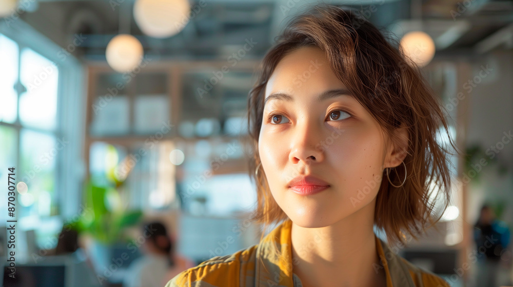 custom made wallpaper toronto digitalPortrait young asian professional woman face with a classic bob hair, confidently presenting a new product in a sleek modern office.