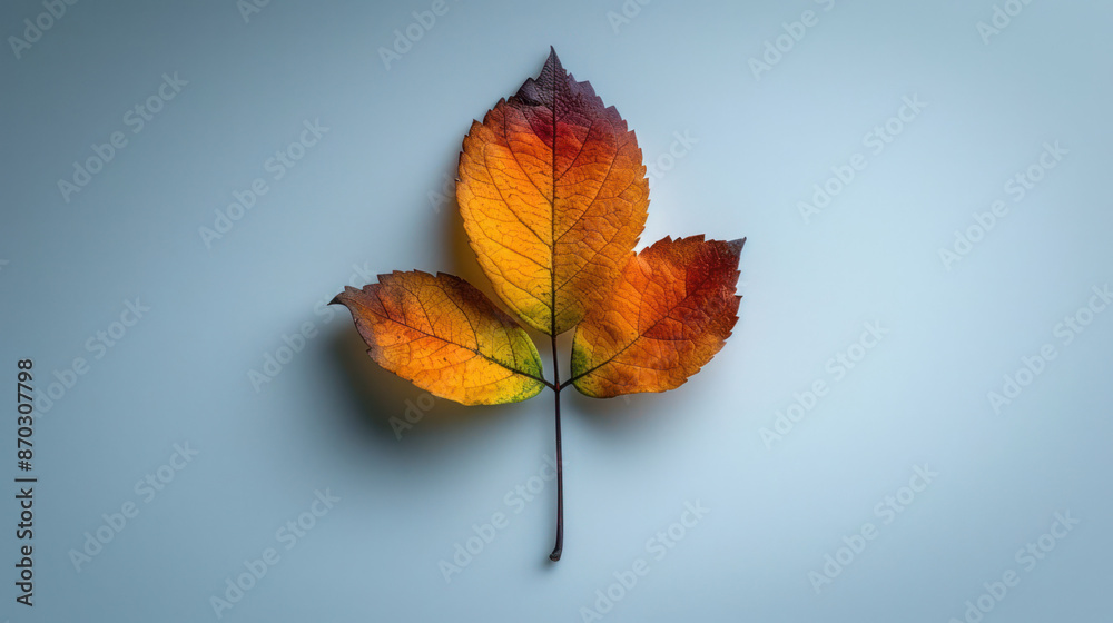A single, vibrant autumn leaf with hues of orange, yellow, and red, rests on a crisp white background