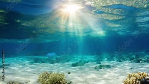 Wallpaper Mural Underwater perspective from the ocean floor, sunlight streaming through waves. Light patterns illuminate the sandy bottom. Pristine water, no marine life in sight. Peaceful and serene Torontodigital.ca