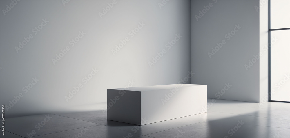 White rectangular product display stand in bright white room with sunlight.