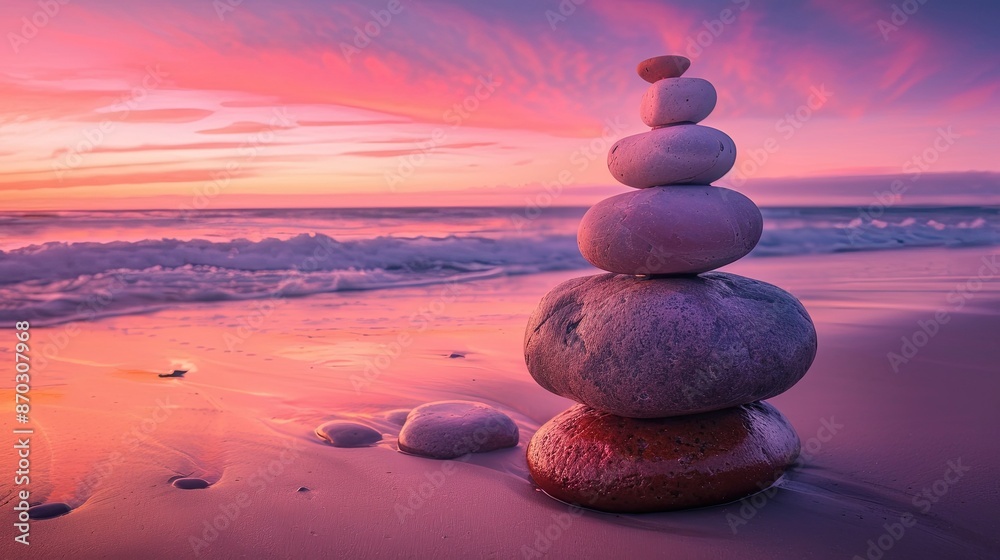 Zen-like rock pyramid on serene beach under vibrant sunset colors Zen-like rock pyramid on serene beach under vibrant sunset colors