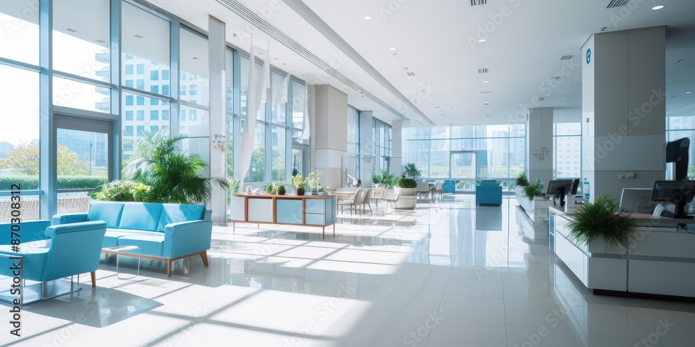 Modern Lobby Interior with Blue Couches and Sunlight Modern Lobby Interior with Blue Couches and Sunlight