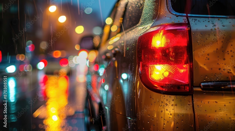 Safe Driving in Adverse Weather Conditions: car in Heavy Rain with Headlights Shining and Water Splashes Safe Driving in Adverse Weather Conditions: car in Heavy Rain with Headlights Shining and Water Splashes