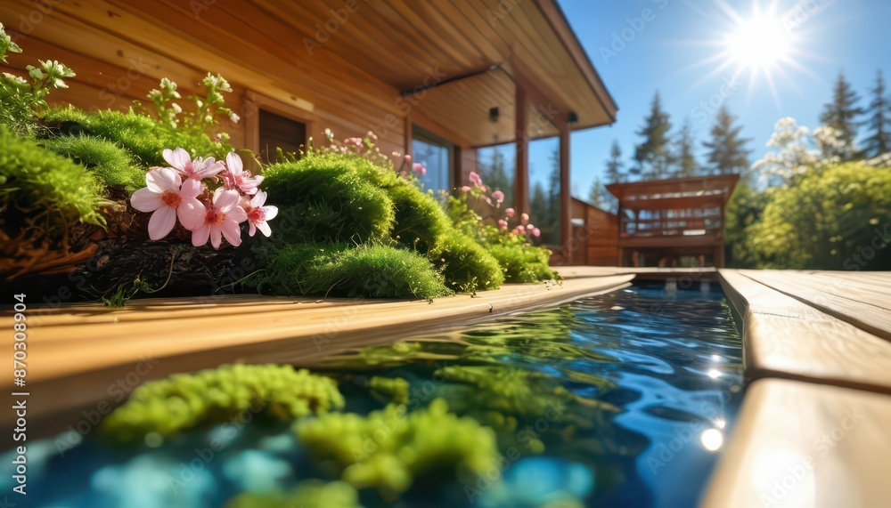Fototapeta premium Modern Wooden Pool With Flowers and Moss.