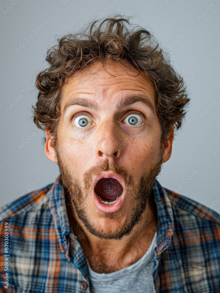 Facial expression of shocked middle aged man funny reacting emotionally with mouth wide open and eyes bulging isolated on white background Facial expression of shocked middle aged man funny reacting emotionally with mouth wide open and eyes bulging isolated on white background