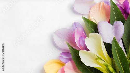 Leaves and petals of spring flowers on white background closeup