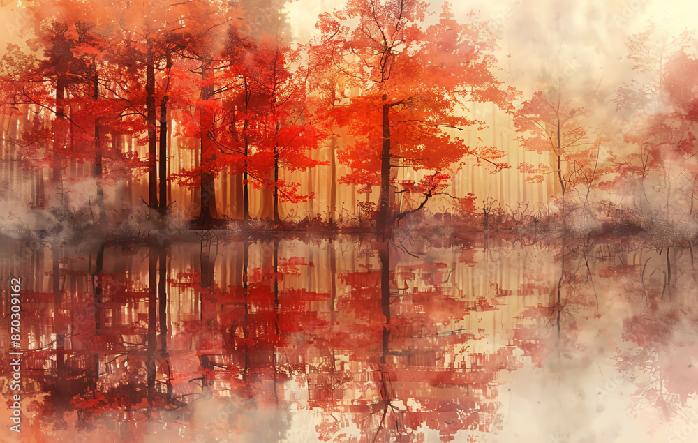 Fototapeta premium autumn landscape in watercolor, trees with red and yellow leaves in the fog are reflected on the water surface, blurred background, autumn wallpaper for your desktop