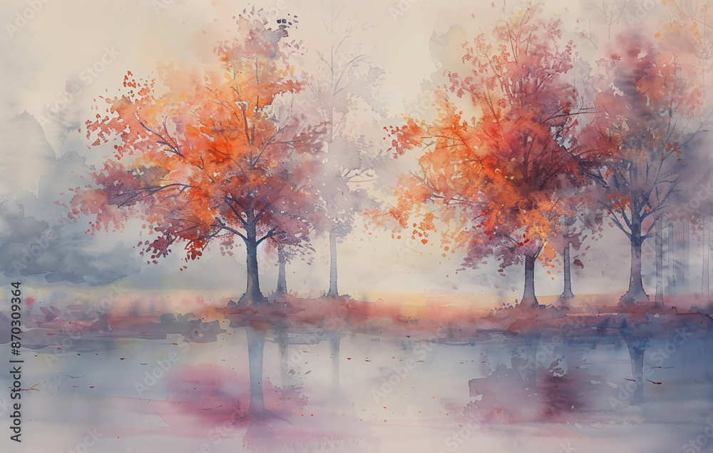 autumn landscape in watercolor, trees with red and yellow leaves in the fog are reflected on the water surface, blurred background, autumn wallpaper for your desktop autumn landscape in watercolor, trees with red and yellow leaves in the fog are reflected on the water surface, blurred background, autumn wallpaper for your desktop