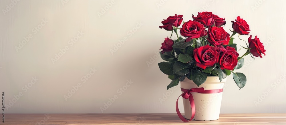 Obraz premium Red roses in a pot with a ribbon on a wooden table against a light backdrop with copy space image.