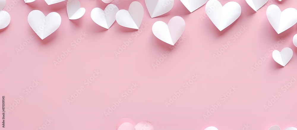 Valentine's Day concept with white volumetric paper hearts on a soft pink background in a flat lay style with copy space image.