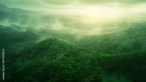 Lush green rainforests stretching towards the horizon, symbolizing the vital role the ozone layer plays in protecting plant life. copy space for text, sharp focus and clear light , high clarity no © naphat