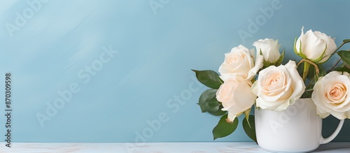 A light blue cup holds whit...