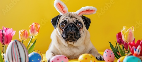 Adorable pug wearing bunny ...