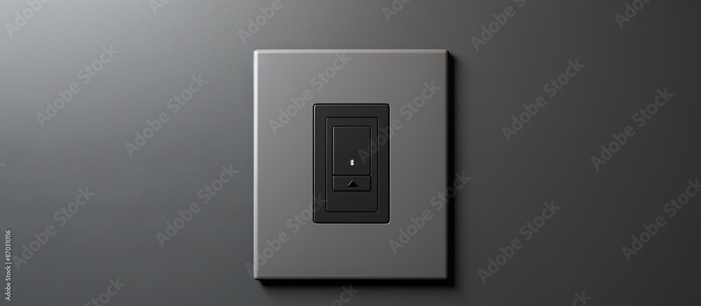 Modern technologies at home are showcased in the close-up of a grey wall featuring a black light switch, climate control panel with digital display, and providing a copyspace image. Modern technologies at home are showcased in the close-up of a grey wall featuring a black light switch, climate control panel with digital display, and providing a copyspace image.