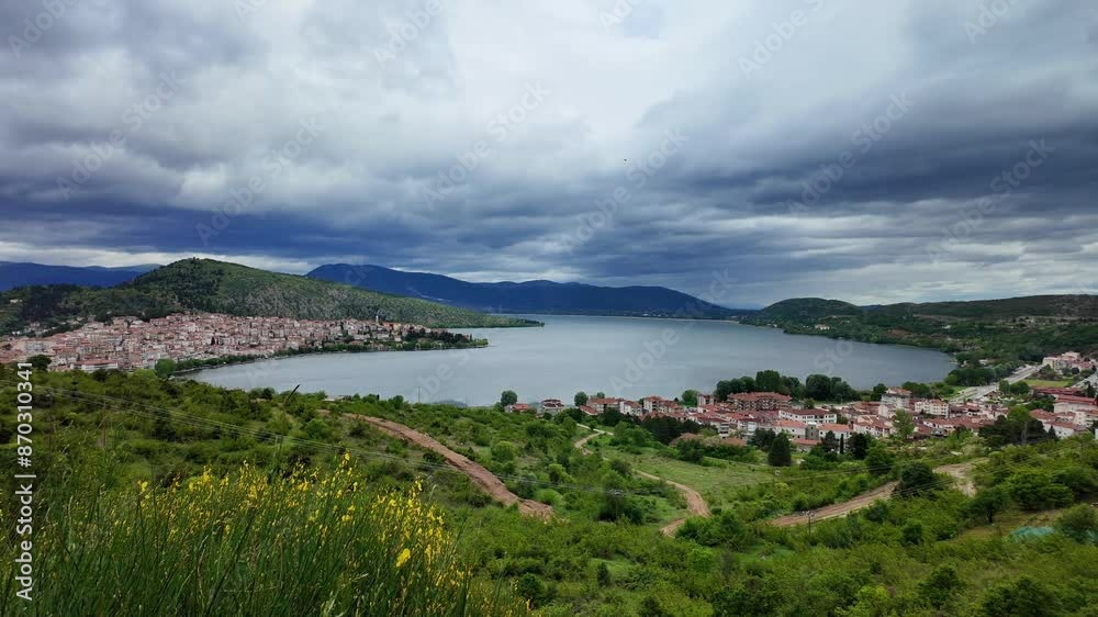 Hilltop view of Lake Orestiada in Kastoria city in Greece, landscape panoramic view Hilltop view of Lake Orestiada in Kastoria city in Greece, landscape panoramic view
