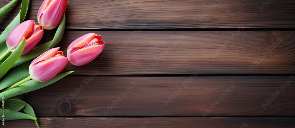 Spring flat lay concept with a vibrant tulip on a contemporary wooden backdrop, presenting copy space image. Spring flat lay concept with a vibrant tulip on a contemporary wooden backdrop, presenting copy space image.