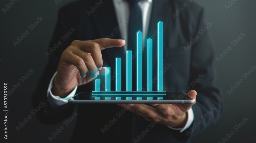 Businessman Holding Tablet with Hovering Bar Graph Icon Businessman Holding Tablet with Hovering Bar Graph Icon