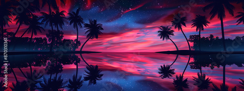  a silhouette of palm trees reflected in the water at sunset. The sky is a vibrant mix of pink and blue with scattered stars