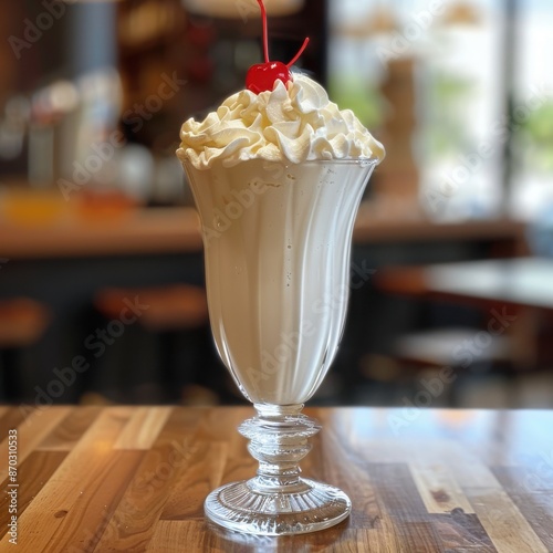 Classic milkshake with whipped cream and a cherry on top