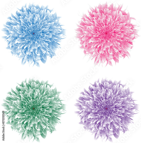 Set of colorful cartoon fluffy pompoms. Fur shaggy balls. Vector toy isolated on white background. Wool flowers.
