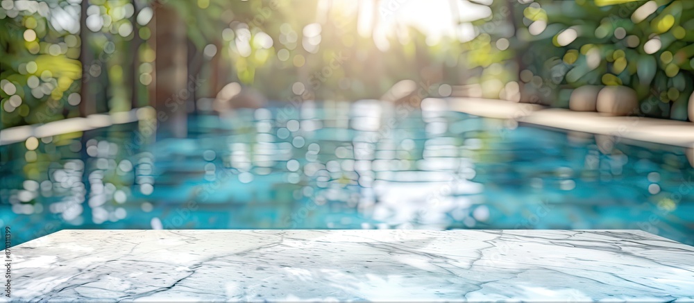 Empty white marble stone table top and blurred swimming pool in tropical resort in summer banner background - can used for display or montage your products. Copy space image. Place for adding text or Empty white marble stone table top and blurred swimming pool in tropical resort in summer banner background - can used for display or montage your products. Copy space image. Place for adding text or