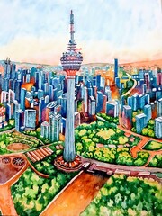 Fotobehang Aquarelschilderij wolkenkrabber  Kuala Lumpur stadsgezicht in schilderstijl  © Roza