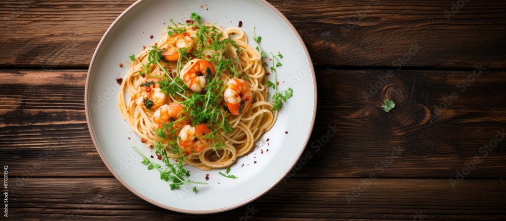 Top-down view of tasty shrimp and herb spaghetti on a white plate over a rustic wooden surface, with soft focus and ample copy space image. Top-down view of tasty shrimp and herb spaghetti on a white plate over a rustic wooden surface, with soft focus and ample copy space image.