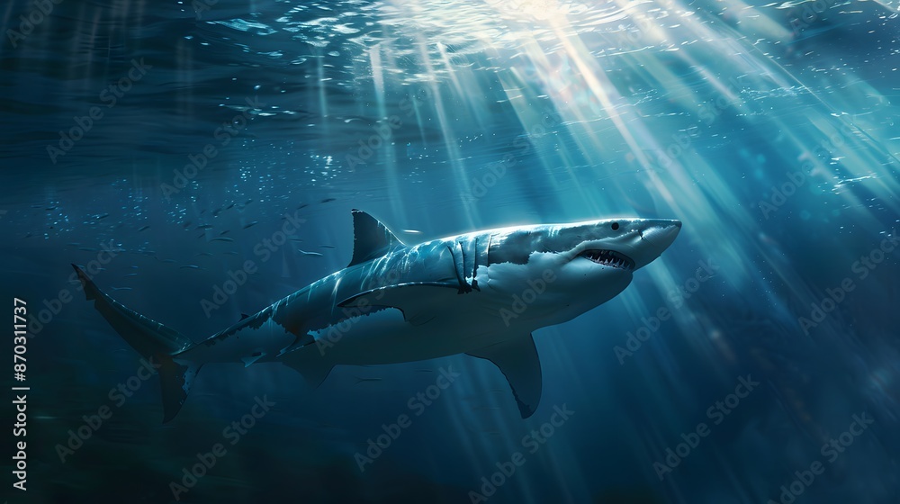 Great white shark and sun rays. Great white shark and sun rays.