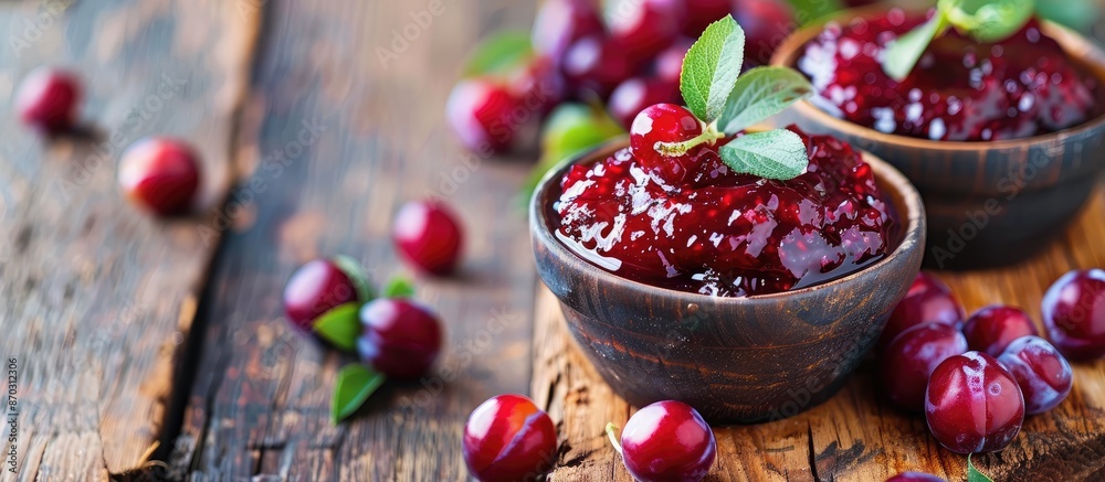 Bowls with tasty homemade plum jam on a bright background with copy space image. Bowls with tasty homemade plum jam on a bright background with copy space image.