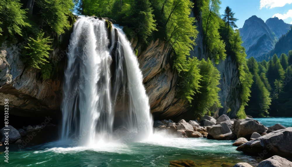 Naklejka premium Majestic Waterfall in a Lush Forest.