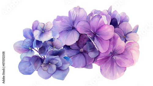 A watercolor painting of purple flowers with green leaves