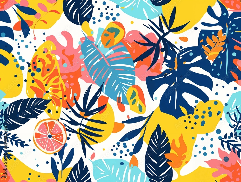 Playful tropical pattern featuring colourful leaves and citrus fruits, with a vibrant mix of blue, orange, yellow, and green on a white background. Playful tropical pattern featuring colourful leaves and citrus fruits, with a vibrant mix of blue, orange, yellow, and green on a white background.